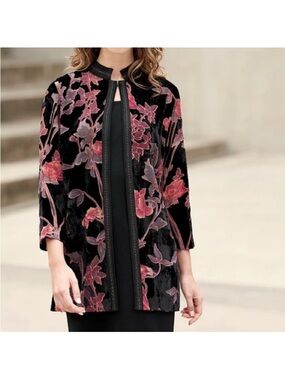 Ming Wang Velvet Open Front Jacket Kimono Green Floral Size Large